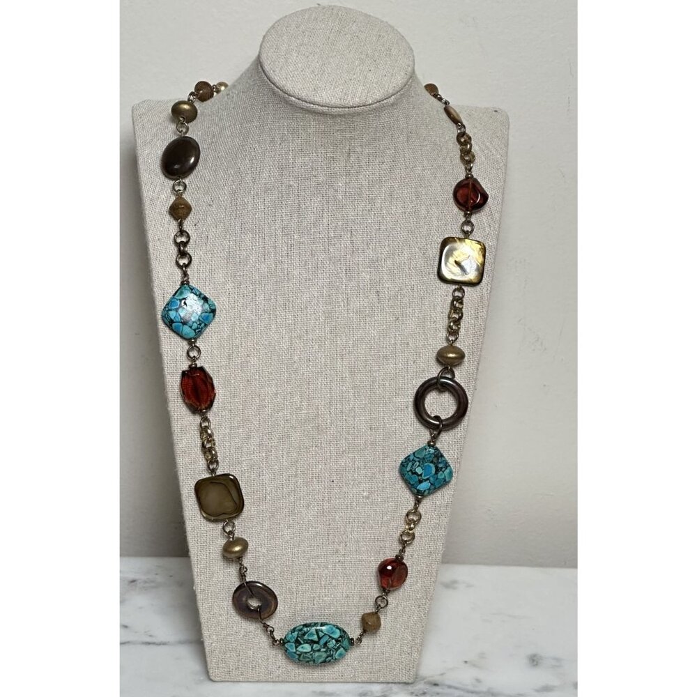 Boho Statement Necklace Turquoise Look Amber Beads Long Chain Vintage 27" - Picture 2 of 8